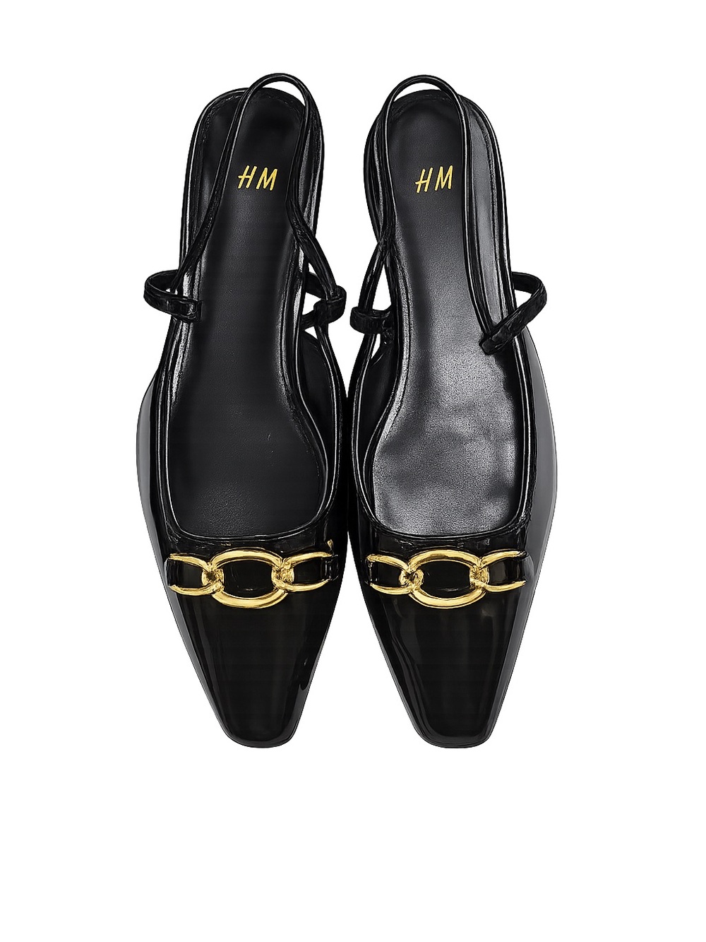 H&M Black Patent Slingback Flats with Gold Chain Detail
